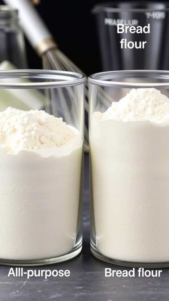 Comparison of all-purpose flour and bread flour in glass containers with baking tools in the background.